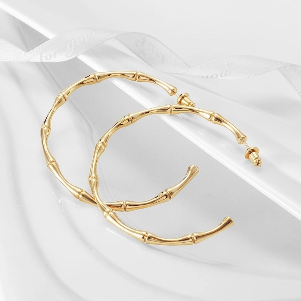 New Arrival Classic Large Bamboo Gold Hoop Earrings - Picture 2 of 7